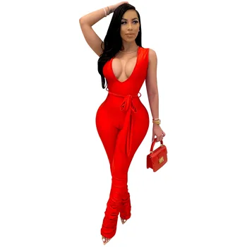 

2020 Summer Women Rompers Solid Deep V-neck Draped High Waist Skinny Jumpsuits Women Sexy Sleeveless Sashes Party Romper
