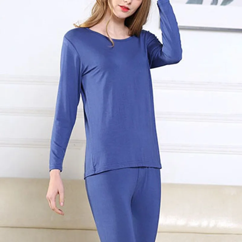 blue set Mferlier осеннее женское термобелье больших размеров 5XL 6XL 7XL однотонное синее тонкое эластичное женское нижнее белье Топы+ нижнее белье - Цвет: blue set