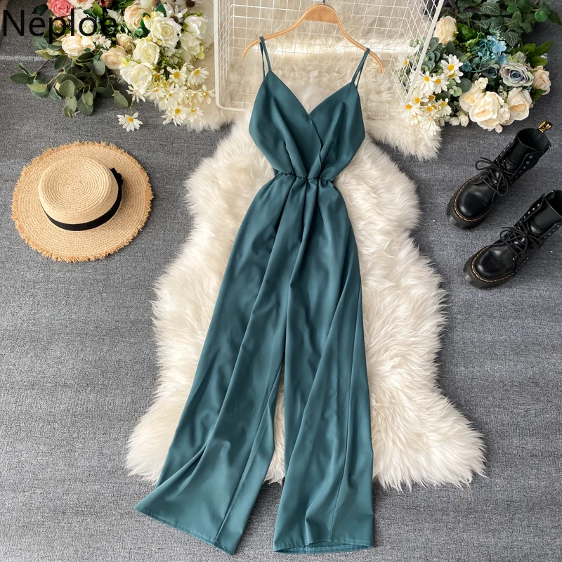 

Neploe 2020 Spring Women Jumpsuits Sexy V Neck Sleeveless Bodysuits Backless Drawstring Slim Waist Wide Leg Playsuits 80764