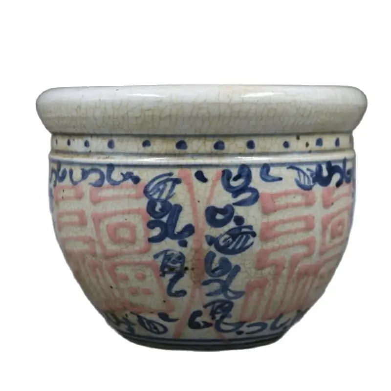 

China Old Porcelain Blue And White Glazed Red Fu Zi Arhat Cylinder Flowerpot