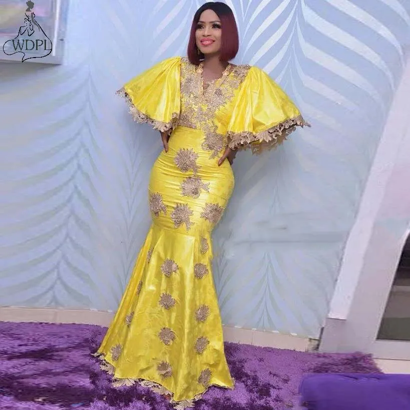 

Bright Yellow Mermaid Evening Dress Plus Size Puffy Short Sleeves African Arabic Long Prom Dresses Lace Appliques Robe de soiree