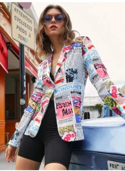 

New Hot Creativity Fashion Autumn Women Long Sleeve Colorful Suit Newspaper Print V Neck Defined Waist One Button Slim Coat