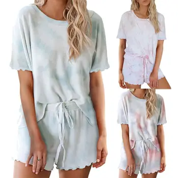 

Women Summer 2 Piece Pajamas Set Gradient Tie-Dye Short Sleeve Sleepwear Ruffles Drawstring Loungewear Streetwear S-3XL