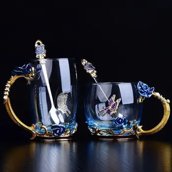 

Blue Rose Transparent Glass Set with Spoon Milk Blender Cup Flower Tea Mug High Temperature Enamel Cup Household Drinkware