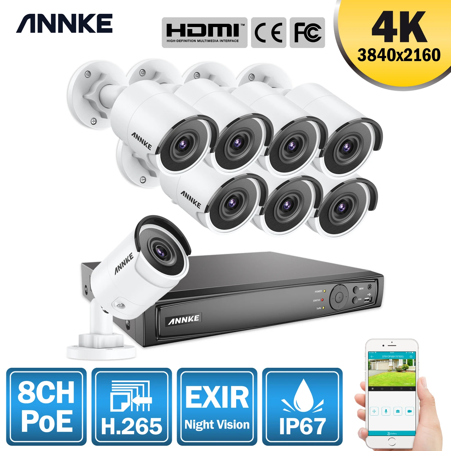 ANNKE 8CH 4K Ultra FHD POE сетевая система видеонаблюдения 8MP H.265 NVR с 8X 30m EXIR ip камерами