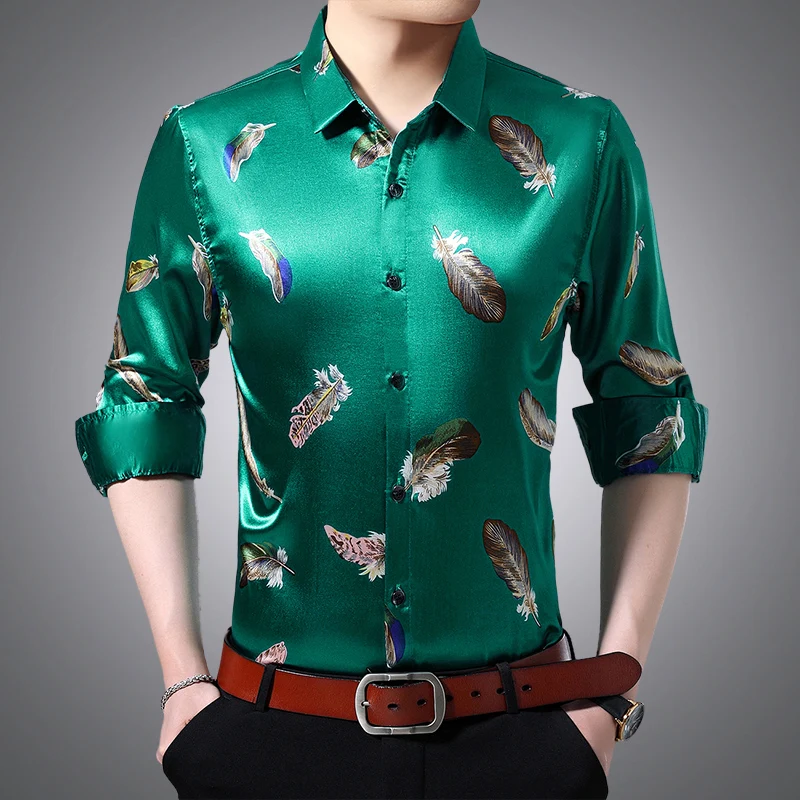 Summer Mens Long Sleeve Silk Shirts 