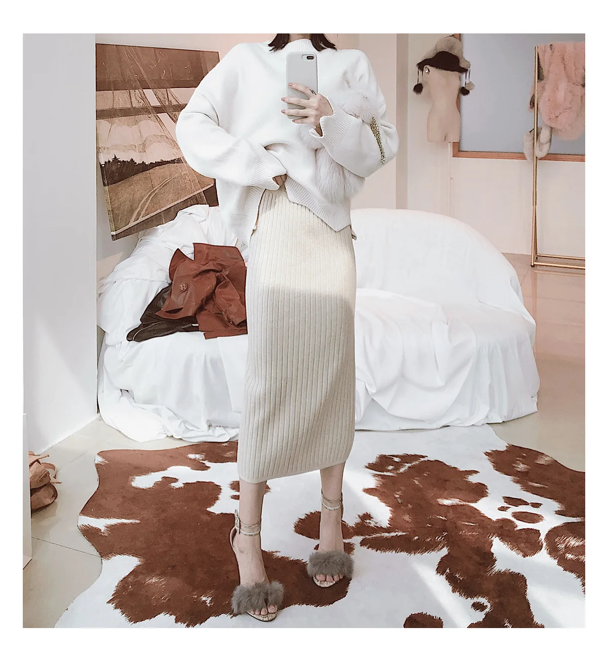 Winter New Women's Wear Korean Solid Color High Waist Open Fork Women's Fur Bag Skirt high waist skirt clothes women