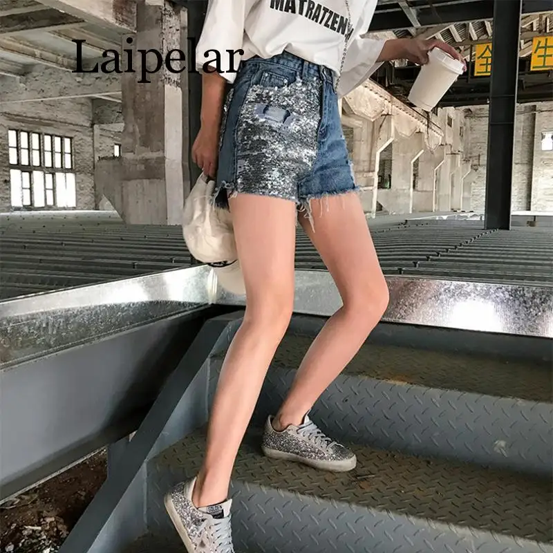 New Blue Denim Shorts Women 2020 Streetwear Ripped Holes Punk Sequin Summer High Waist Cotton Denim Shorts