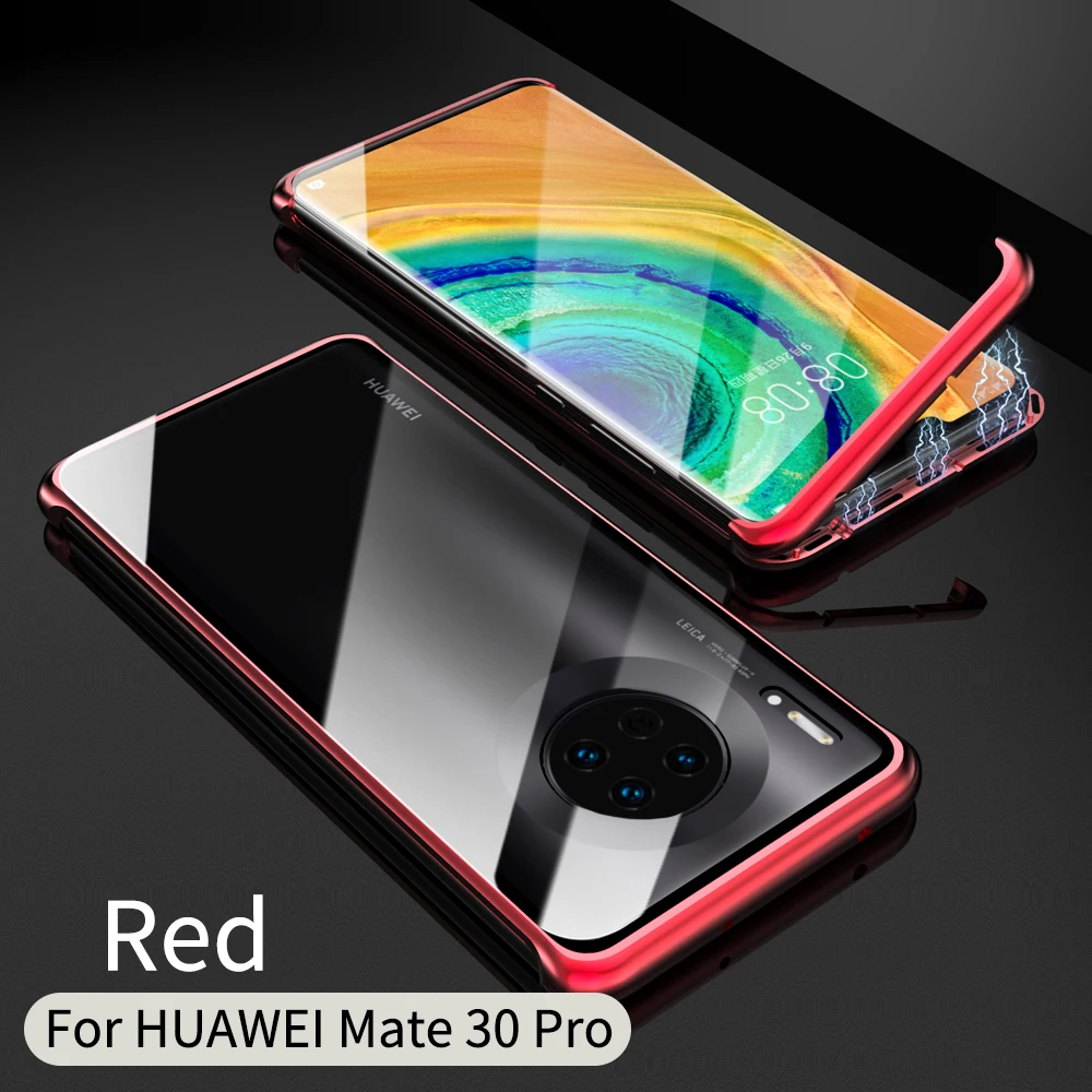 Алюминиевый металлический бампер с закаленным стеклом, чехол для huawei mate 30 Pro, чехол, Магнитная Адсорбция, установка, чехол для телефона - Цвет: Red