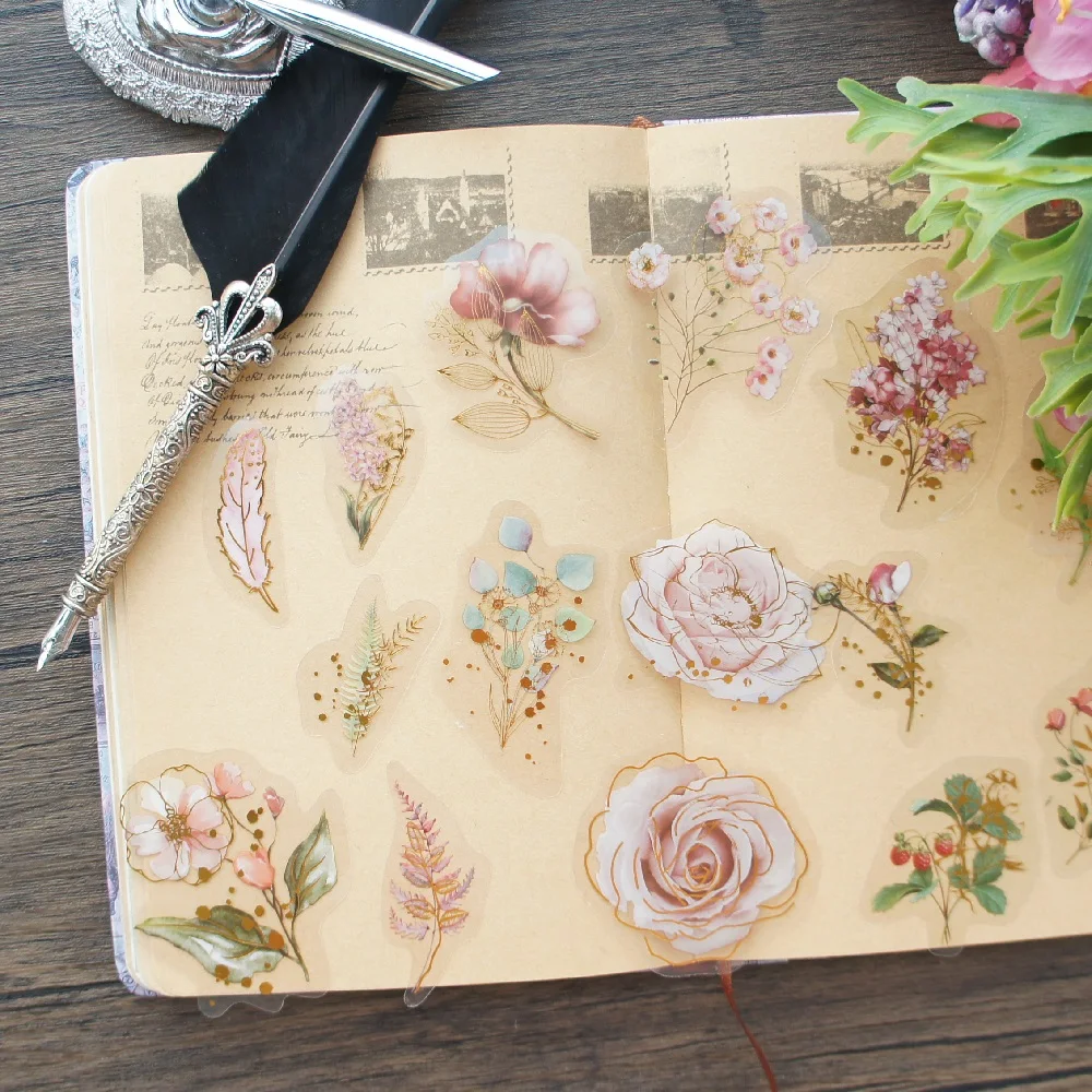 28pcs Gold Light Pink White Flower Wild Plant Things Style Sticker Scrapbooking DIY Gift Packing Label Decoration Tag