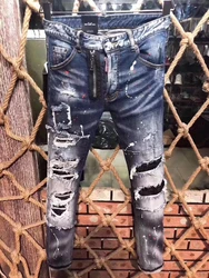 Vaqueros de moto para hombre, Jeans de moda DSQ2 rasgados con puntos de pintura, 2021*9608