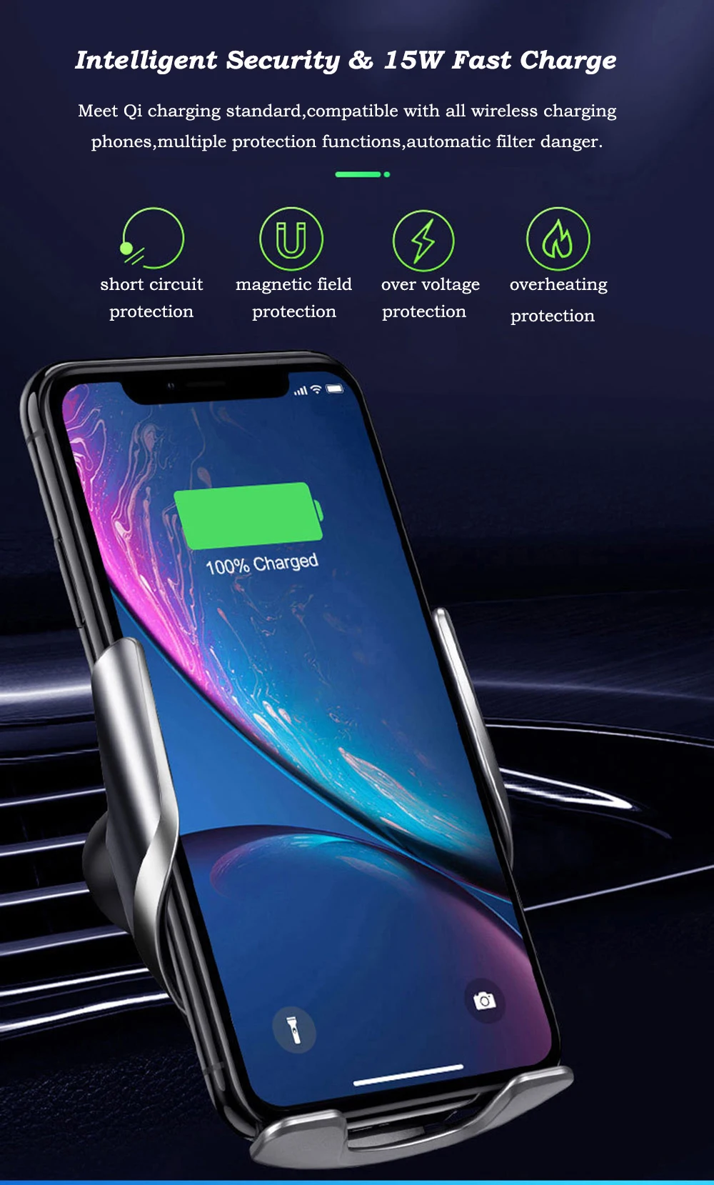 05Super Capacitor Car Wireless Charger Automatic Clamp 15W Fast Charge Mount 