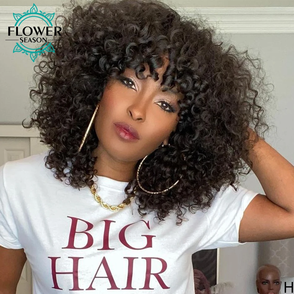 Curly Human Hair Wig Indian Remy Kinky Curly Wigs With Bangs Full Machine Made Wig O Scalp Top 180Density Glueless Flowerseason