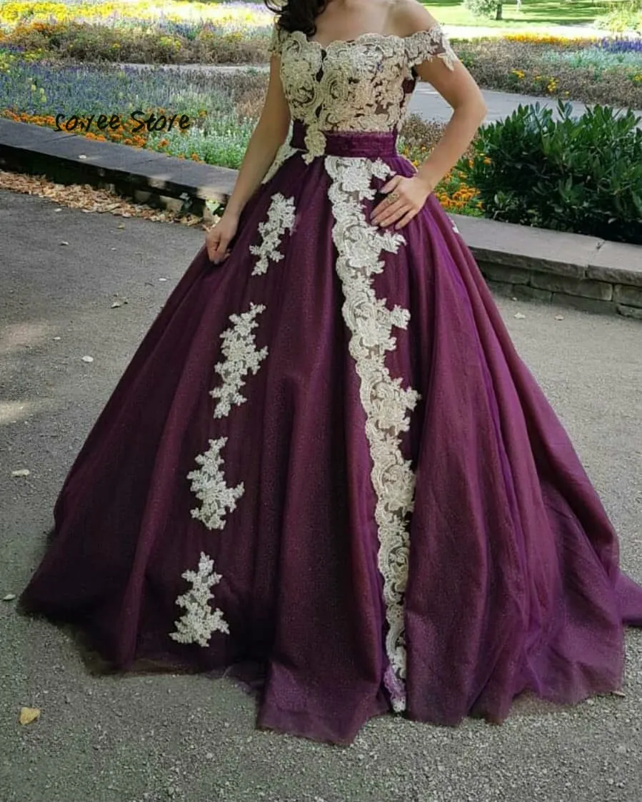 

Purple Arabic Evening Dress Turkey Off Shoulder Ball Gown Prom Dress 2019 Lace Evening Gown Plus Size Formal Dress vestido noite
