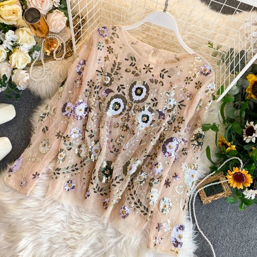 Neploe винтажные женские топы Blusas Seuins с бисером и цветочной вышивкой модные Blingbling блузки с длинным рукавом Корейская рубашка 56609 - Цвет: Apricot