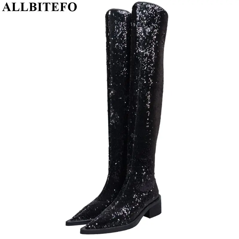

ALLBITEFO fashion brand genuine leather over the knee boots solid winter high heel women riding boots fashion girls long boots
