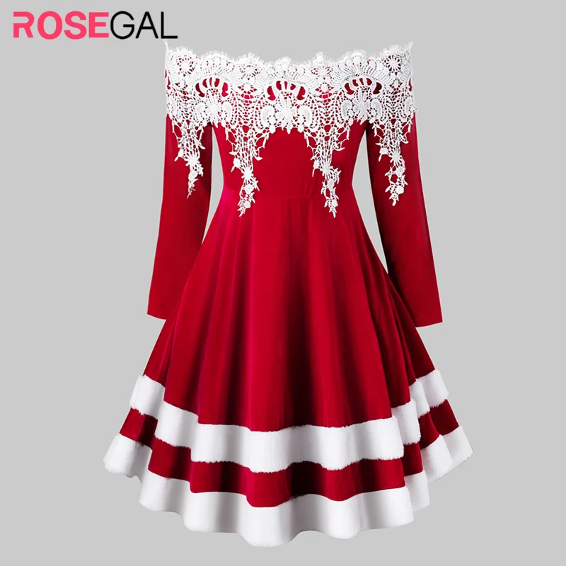 ROSEGAL, рождественские платья для женщин, плюс размер, с открытыми плечами, контрастные кружева, вельветовое платье, искусственный мех, а-силуэт, винтажное платье Санта Клауса
