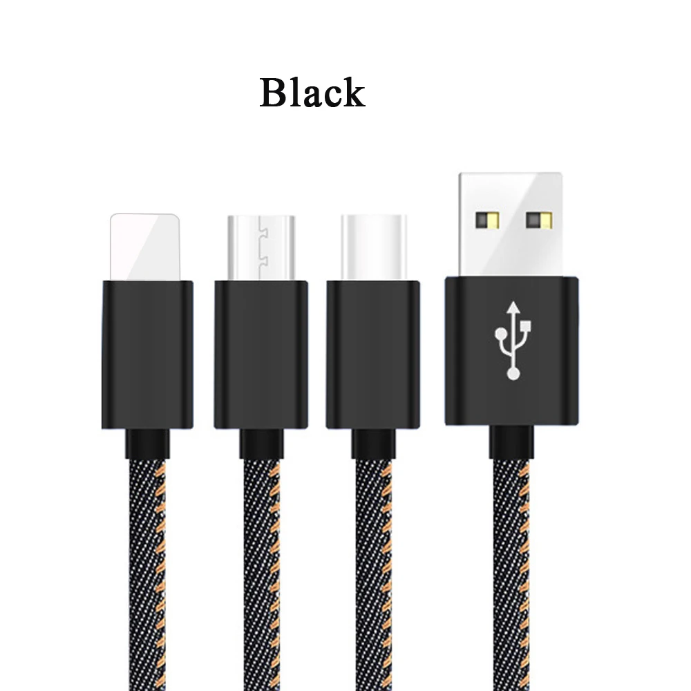 GEMT 1,2 m применимый iOS Android type-c 3 в 1 джинсовый usb кабель для передачи данных один drag три usb кабель для быстрой зарядки мобильного телефона - Цвет: Black