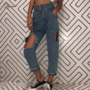 

OllyMurs Fashion Women Loose Casual Pants Buckle Zipper Female Denim Pants Ladies Comfortable High Waist Jeans Women Clothes
