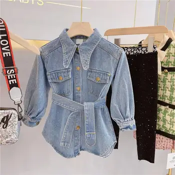 

Solid Belt Denim Children's Long Jacket Casual Long Sleeve Vintage Outerwear Jeans Coat For Baby Girls 2020 Fashion Clothing 2-7