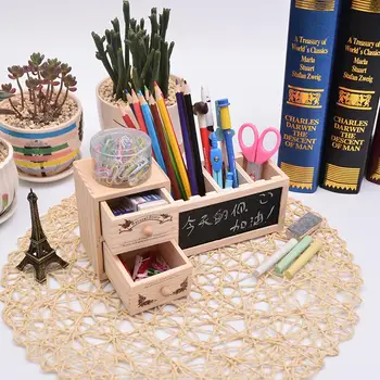 

Wooden Double Layer Drawer Blackboard Pen Holder Storage Box for Office