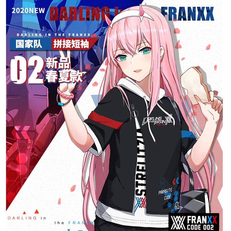Футболка с капюшоном DARLING in the FRANXX ZERO TWO свободная летняя футболка короткими