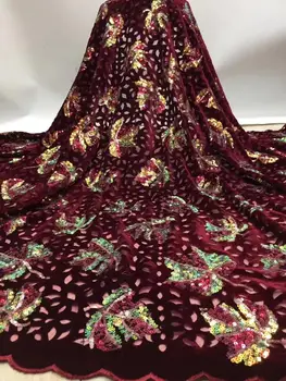 

New 2020 Hot Selling Wine Sequins African French Velvet Lace Fabric With Sequins High Quality Nigerian Lace Fabrics For Wedding