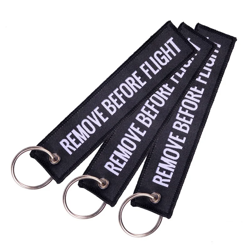 HOT 1 Piece 13*3CM Remove Before Flight Tags Keychain Fashion Keyring Rectangle Polyester Embroidery Message Multicolor