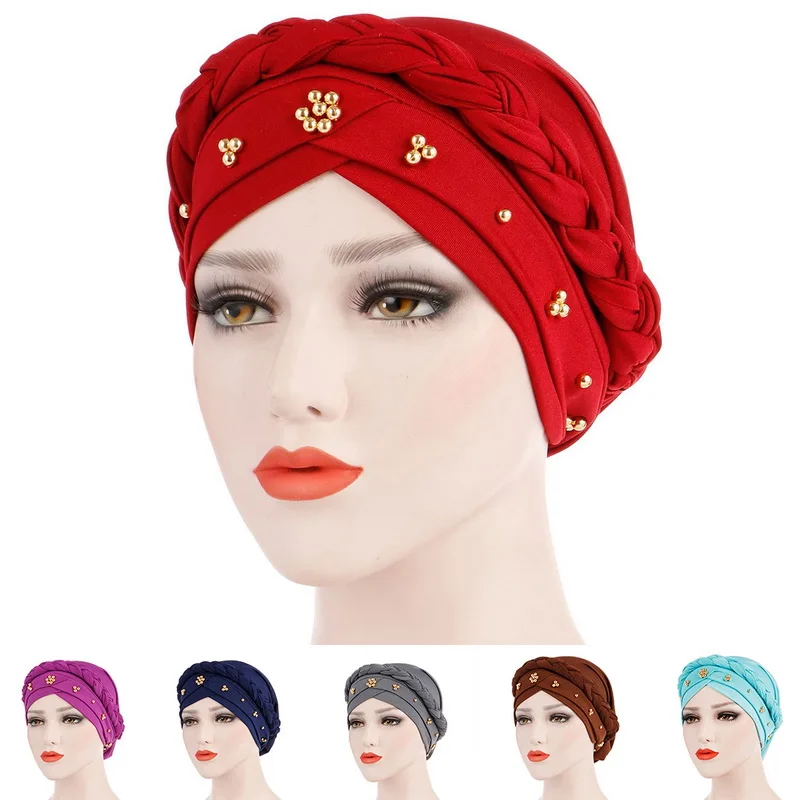

Women Hooded Muslim Hat Bohemian Double Braided Turban Hat Women Solid Color Muslim Cap Elegant woman's headscarf hat
