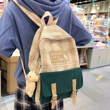 

Canvas Lattice Ladies Bag Doll Pendant Student Female Backpack Linen Women School Bag Harajuku Girl Kawaii Backpack