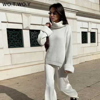 

WOTWOY Knitted Turtleneck Oversied Sweaters Women Long Sleeve Cotton Solid Sweater Women Autumn Winter Pull Femme Knitwear 2020
