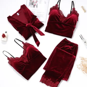 

2019 Autumn 4 Pieces Warm Winter Gold Velvet Women Pajamas Sets Sexy Lace Robe Pajamas Sleepwear Kit Sleeveless Nightwear Pijama