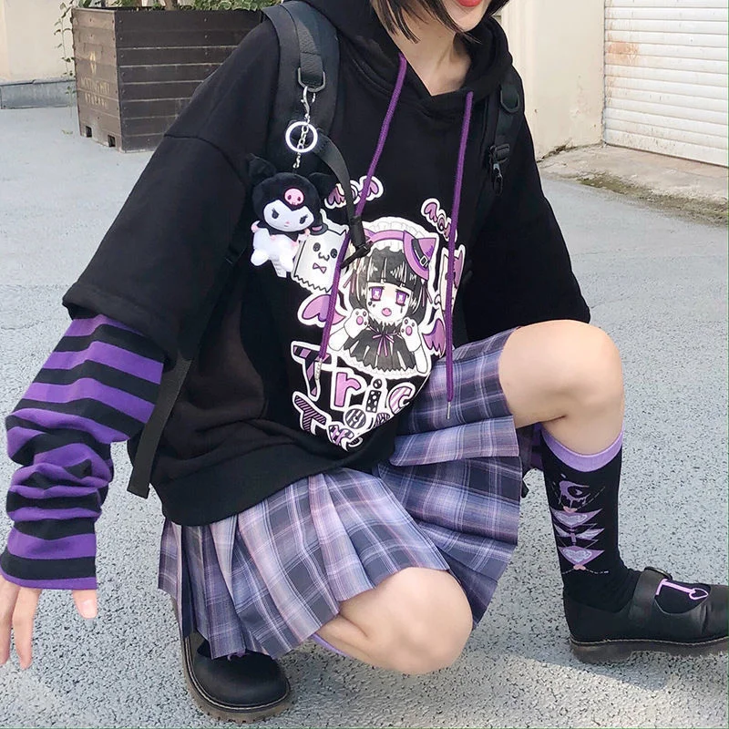 Japanese casual cartoon hip-hop Harajuku long-sleeved anime hooded kawaii autumn loose plus size Vintage women hooded sweatshirt
