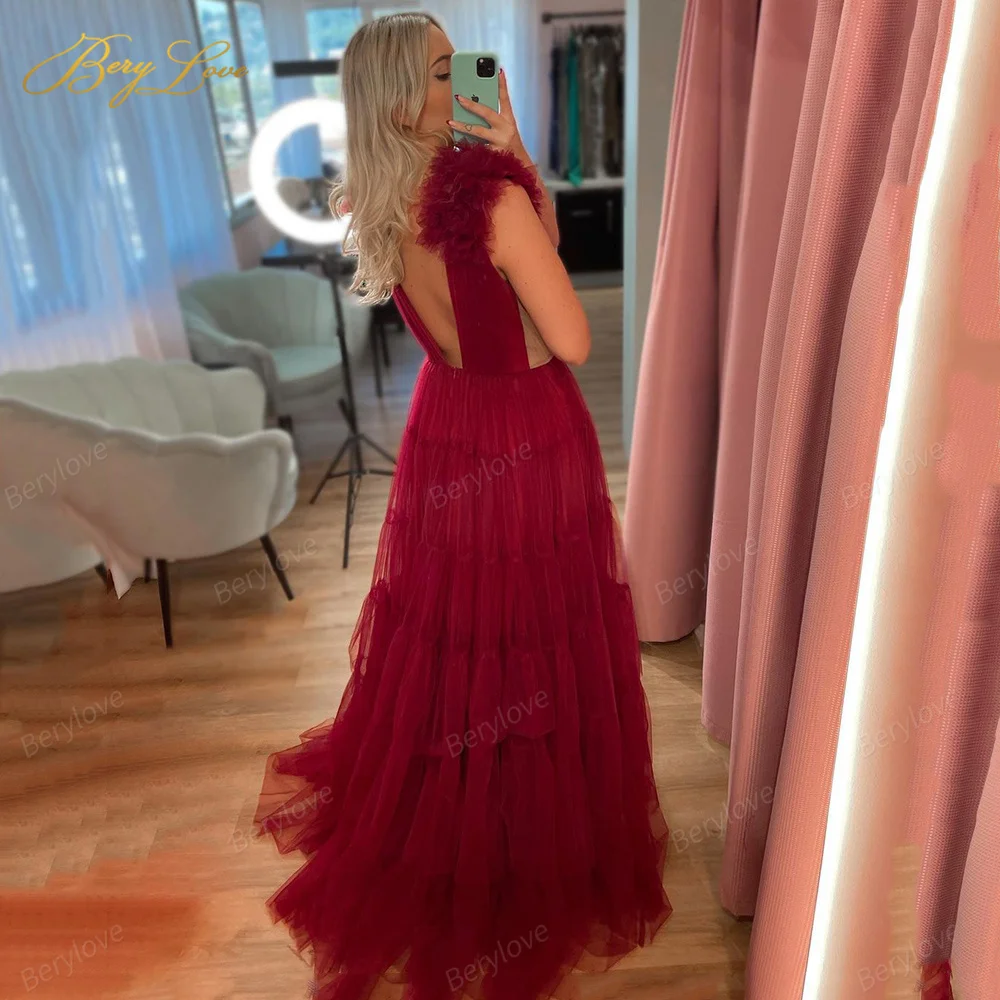 Burgundy Sexy V Prom Dress 2022 Long Tulle Evening Party Dress Puffy Shoulder vestido Formal Party Gown A Line vestidos de noche formal gowns for women