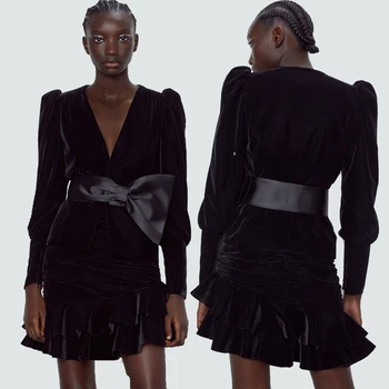 

ZA Spring New Women's V-neck Blazer Puffy Long Sleeve Loose Bows Velvet Jacket Concealed Zip Blazer at Seam Cuffs