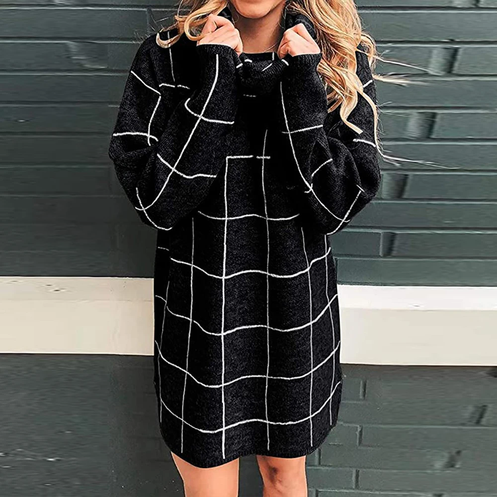 

Women Turtleneck Knitted Plaid Sweaters Spring Autumn Long Sleeve Loose Elastic Female Pullover Long Pull Female Knee Dress