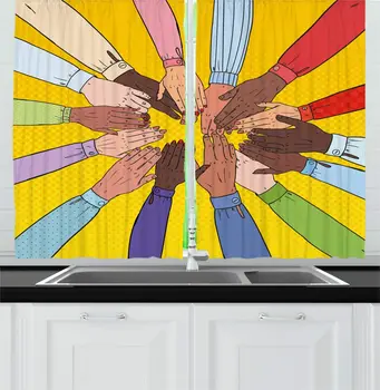 

Mustard Multicolor Pop Art Kitchen Curtains Colorful Pattern Multicultural Hands Togetherness Friendship Concept Window Drapes