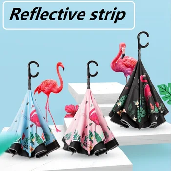 

Flamingo Reverse Umbrella with Reflective strip Double layer Inverted Umbrella Windproof Women Sun and Rain C Handle Umbrella