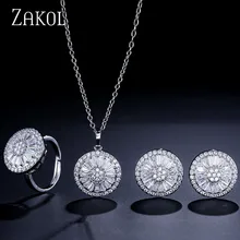 ZAKOL высокое качество CZ Кристалл Женская мода ювелирные изделия блестящий круглый кубический циркон ожерелье серьги кольцо ювелирные изделия для невесты набор FSSP2013