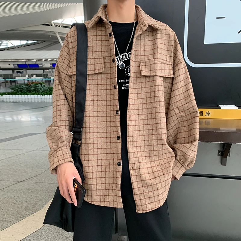 Liketkit, мужские повседневные рубашки в клетку,, Мужской Хлопковый фонарь, рукав, толстые пальто, мужские, большие размеры, свободные, корейская мода, пальто, осень - Цвет: Хаки