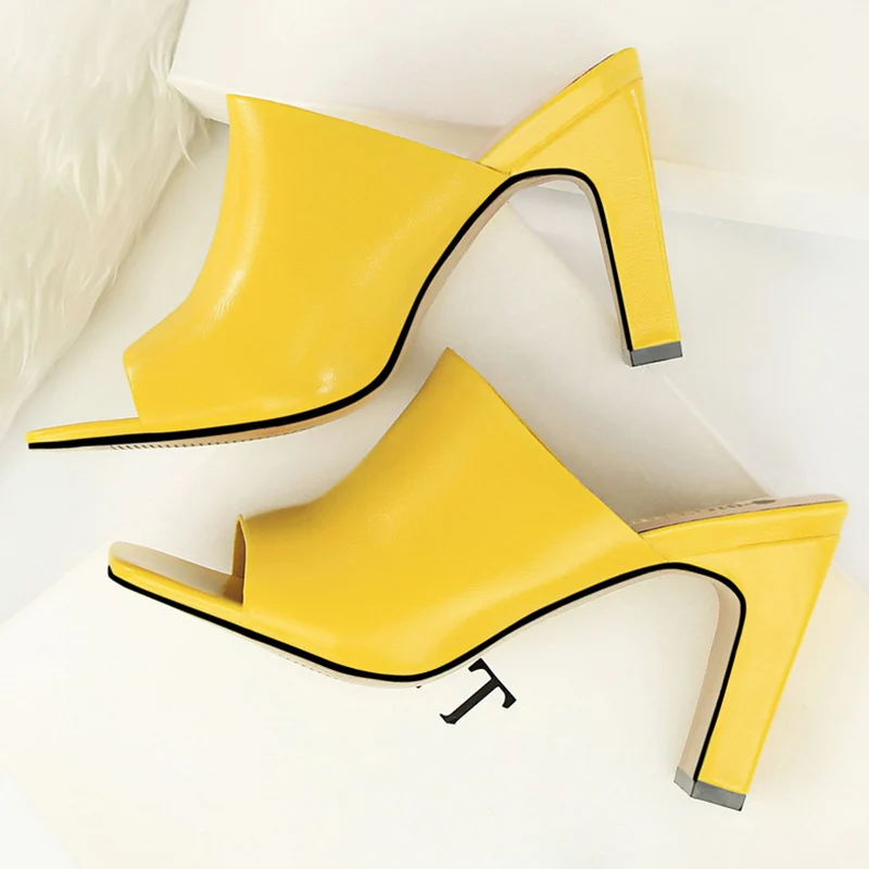 2021 Summer Women 8.5cm Block Fetish High Heels Slides Lady Yellow