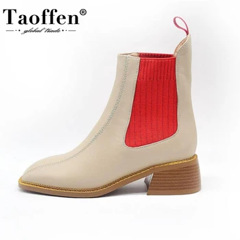 

TAOFFEN Size Women Real Leather Ankle Boots Shoes Square Toe Slip On Thick Heel Mixed Color Winter Ladies Footwear Size 34-40