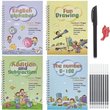 Livro de cópia mágico reutilizável para crianças, 4 volumes, prática, livros de trabalho para crianças, caligrafia, números em inglês, desenho de letras mágicas