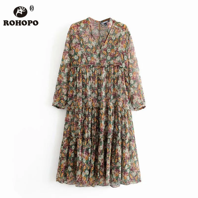 ROHOPO цветочное осеннее платье миди с длинным рукавом и v-образным вырезом, многослойное Полупрозрачное платье, женское Макси праздничное платье 9585 - Цвет: Хаки