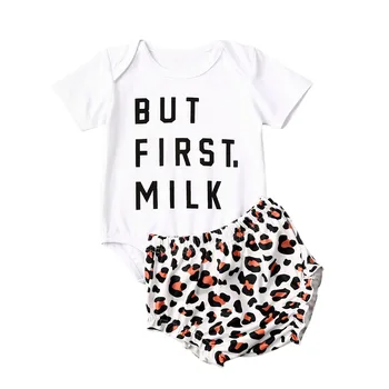 

2020 Summer Toddler Baby Girl Clothes Set Short Sleeve Letter Round Neck Bodysuit Tops Leopard Shorts Clothing 2PCs Outfits