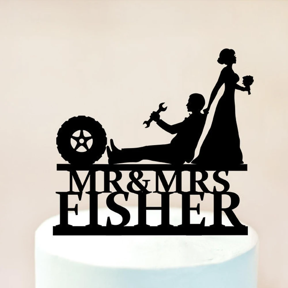 Personalized Mechanic Wedding Cake Topper,Auto Car Mechanic Cake Topper ,Bride and Groom Last name Mr & Mrs Cake Topper