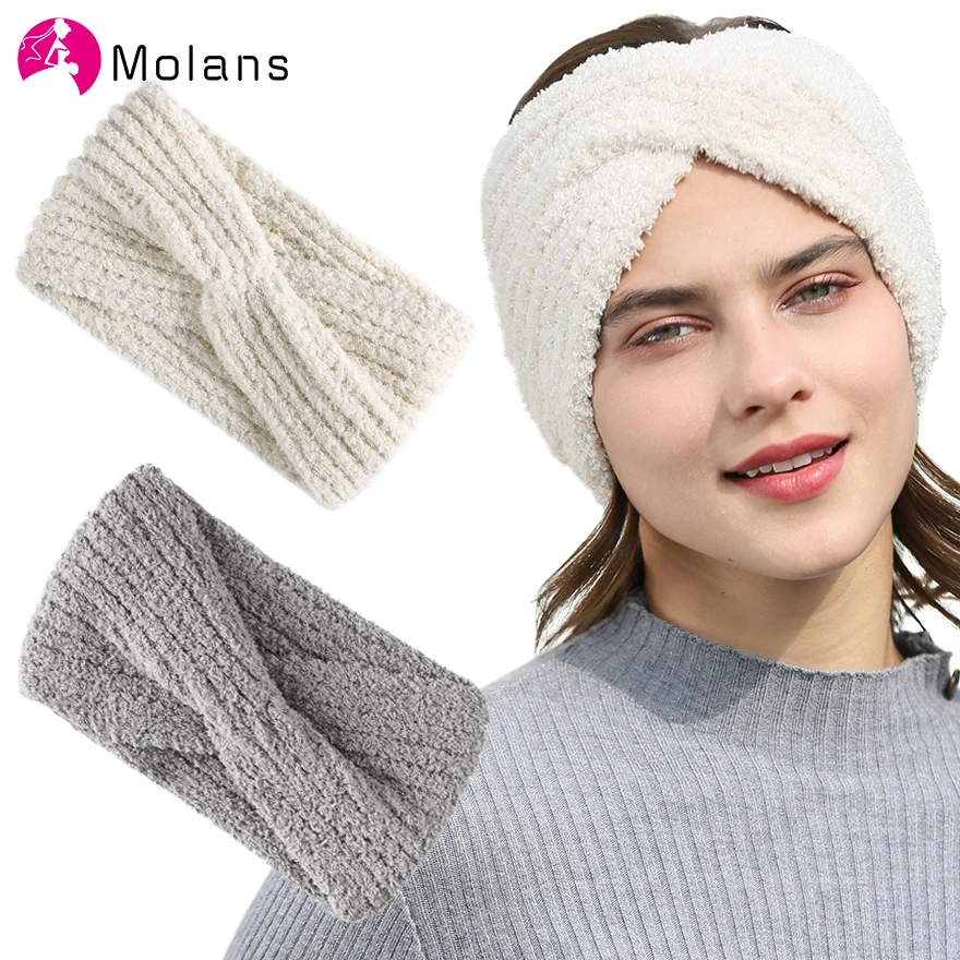 Molans, теплые пушистые повязки с узелком, ожерелье, пряжа, зимние теплые уши, повязка на голову для женщин, пушистые, одноцветные, мягкие, для девушек, крестик на голову