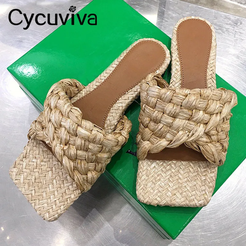 

Designer Slippers Women Summer Lafite Grass Square Toe Flat Slides Woman Party Shoes Braided Mules Brand Sandalias Mujer 2021