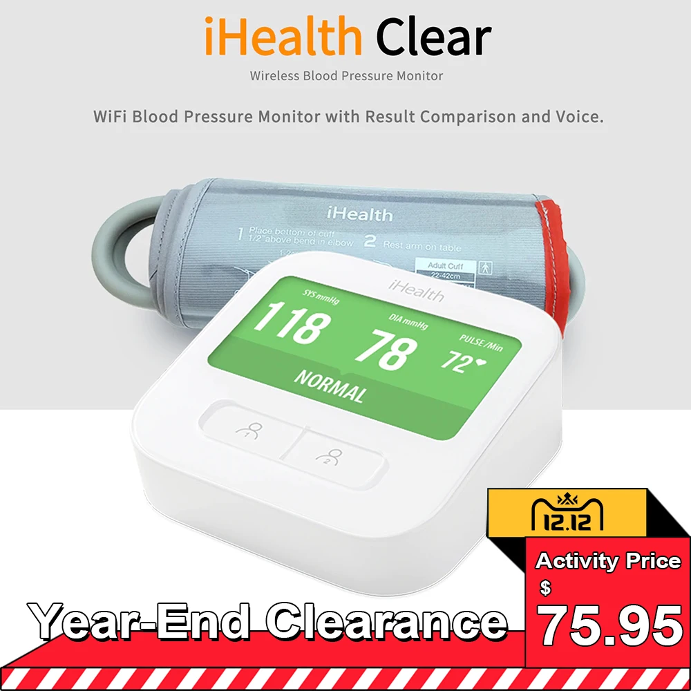 

iHealth Digital Tonometer BPM1 Arm Blood Pressure Smart Monitor Oximetro BT 4.0 Audio Reading Large Display Result Comparison