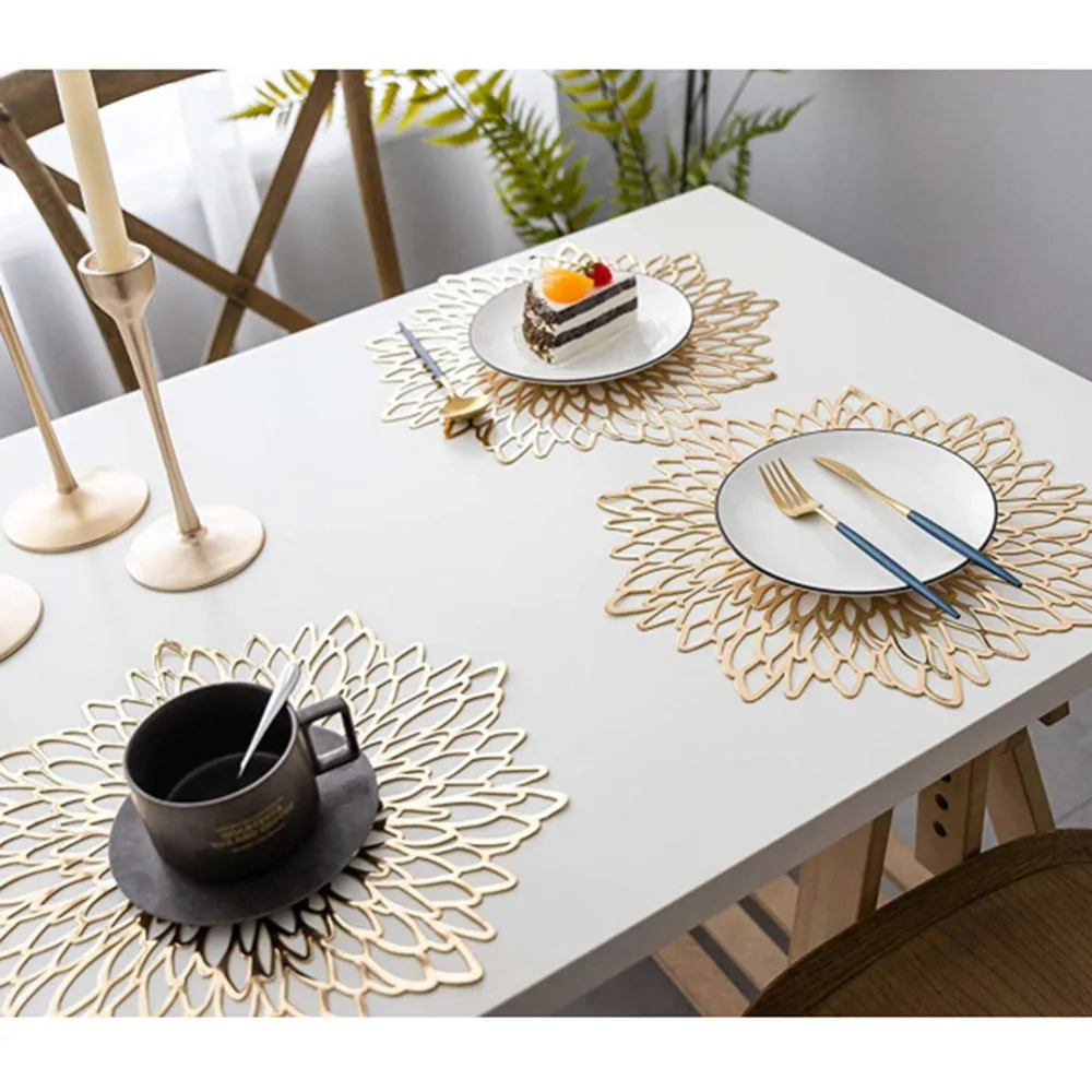 PVC Material Placemat Hollowed Gold Stamping Placemat Hibiscus Flowers Shape Unique Placemat for Home Decor Dining Table